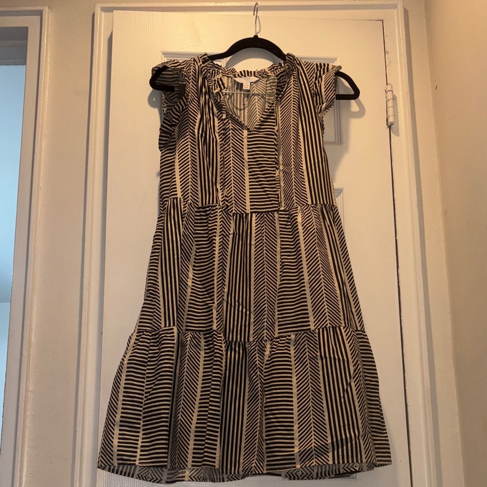 Time and Tru Black and White Striped V-Neck Tiered Dress